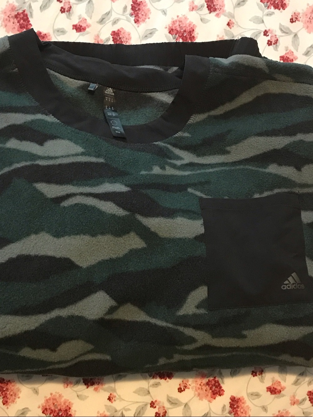 adidas Men’s Green Camo Crewneck with Black Pocket Patch
